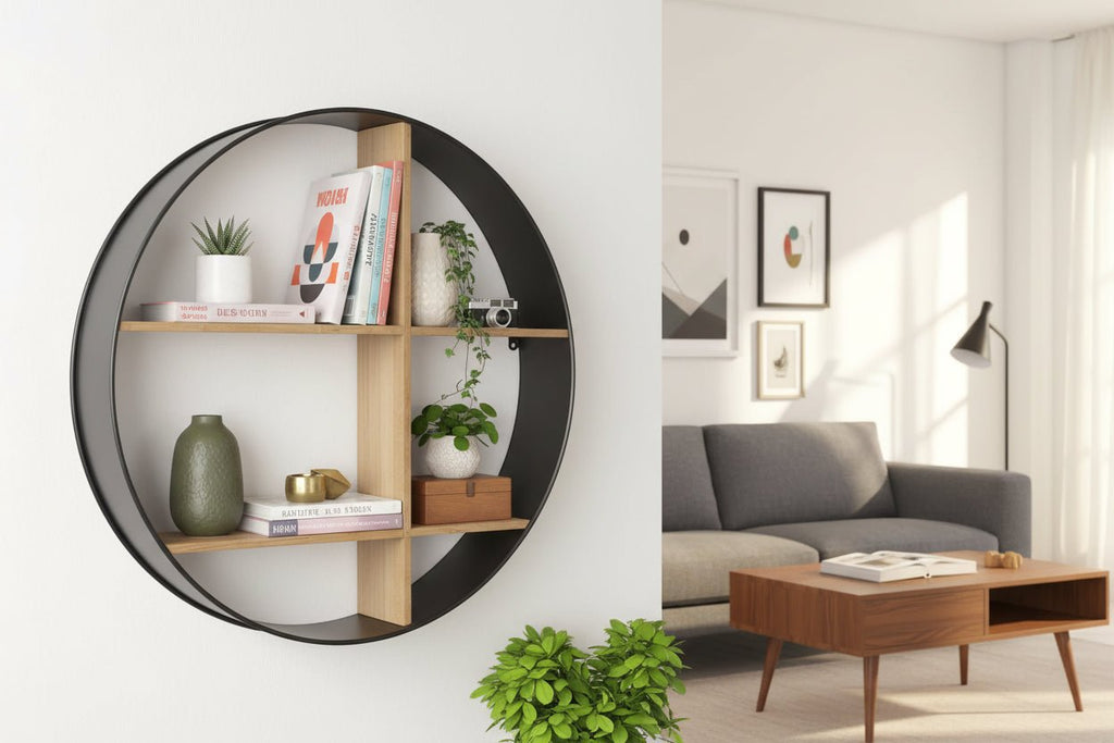 36" Black and Brown Metal and Wood Circular Multi-Tier Shelf