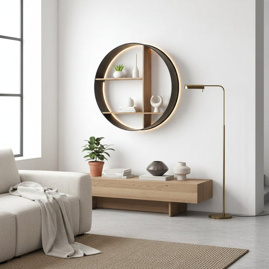36" Black and Brown Metal and Wood Circular Multi-Tier Shelf