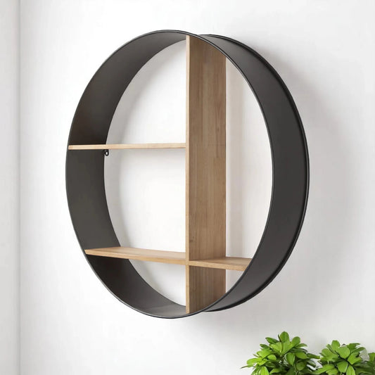 36" Black and Brown Metal and Wood Circular Multi-Tier Shelf