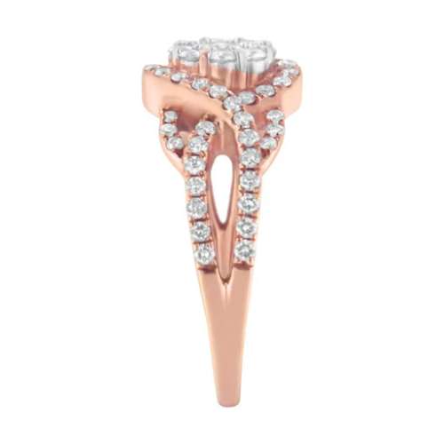 10K Rose Gold 3/4 Cttw Diamond Floral Cluster Head and Twisted Shank Cocktail Ring