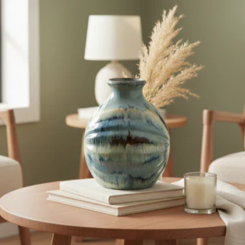 11-Inch Blue Beige and Brown Abstract Round Ceramic Table Vase