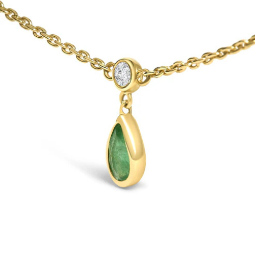 10K Yellow Gold Dangling 5x3 mm Green Emerald and Diamond Station Necklace