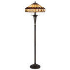 61" Bronze Two Light Traditional Shaped Floor Lamp With Purple and Ivory Abstract Tiffany Glass Empire Shade - Nobiliving