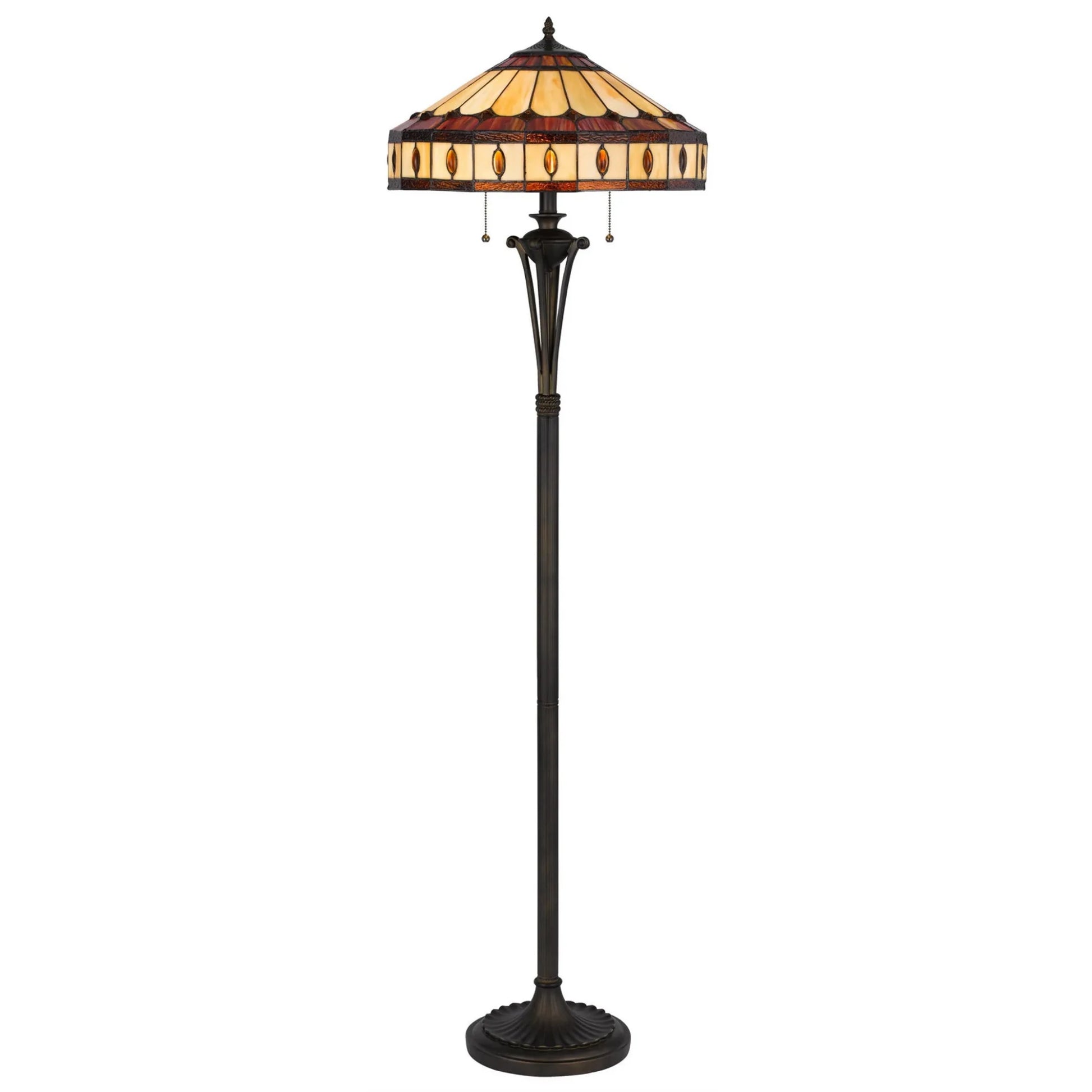 61" Bronze Two Light Traditional Shaped Floor Lamp With Purple and Ivory Abstract Tiffany Glass Empire Shade - Nobiliving