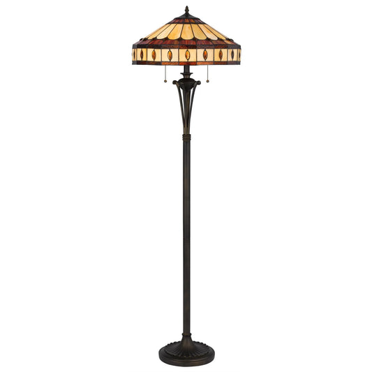 61" Bronze Two Light Traditional Shaped Floor Lamp With Purple and Ivory Abstract Tiffany Glass Empire Shade - Nobiliving