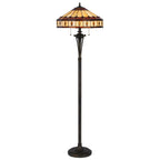 61" Bronze Two Light Traditional Shaped Floor Lamp With Purple and Ivory Abstract Tiffany Glass Empire Shade - Nobiliving