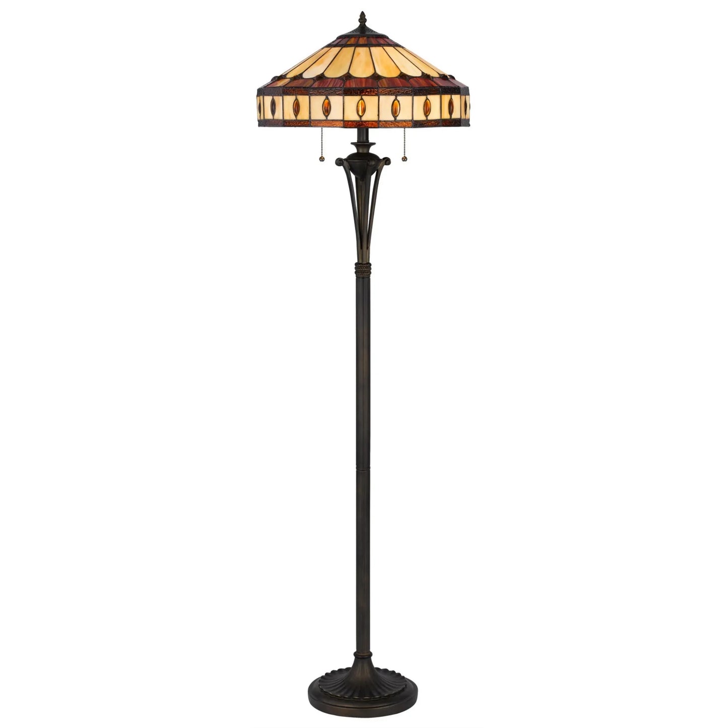 61" Bronze Two Light Traditional Shaped Floor Lamp With Purple and Ivory Abstract Tiffany Glass Empire Shade - Nobiliving