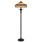 61" Bronze Two Light Traditional Shaped Floor Lamp with Purple & Ivory Abstract Tiffany Glass Shade