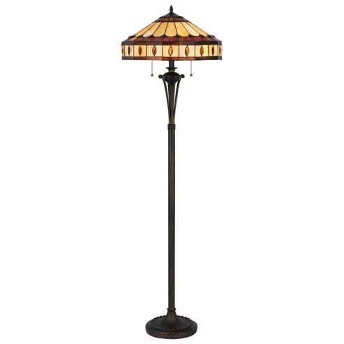 61" Bronze Two Light Traditional Shaped Floor Lamp with Purple & Ivory Abstract Tiffany Glass Shade