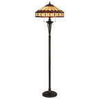 61" Bronze Two Light Traditional Shaped Floor Lamp with Purple & Ivory Abstract Tiffany Glass Shade