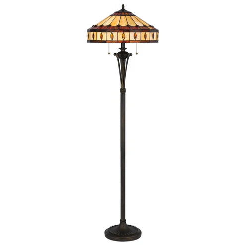 61" Bronze Two Light Traditional Shaped Floor Lamp with Purple & Ivory Abstract Tiffany Glass Shade