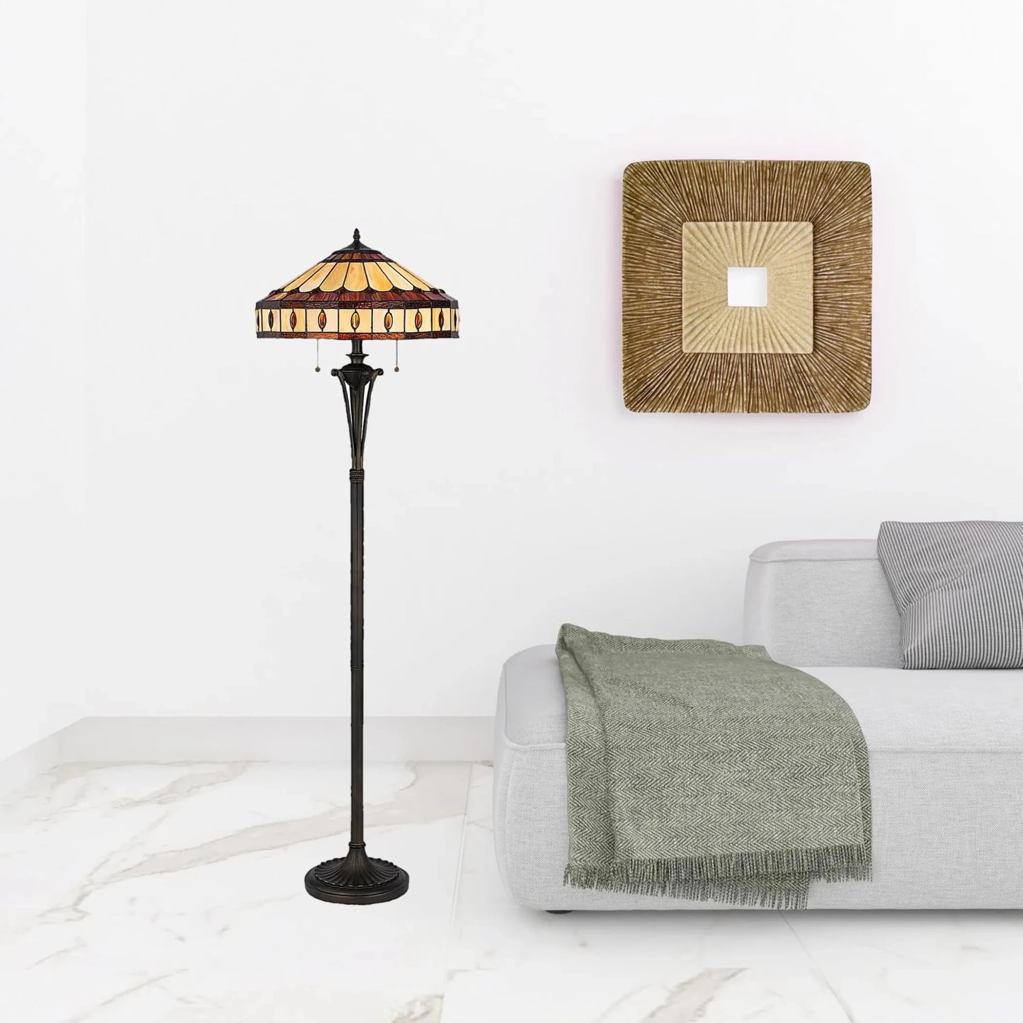 61" Bronze Two Light Traditional Shaped Floor Lamp With Purple and Ivory Abstract Tiffany Glass Empire Shade - Nobiliving
