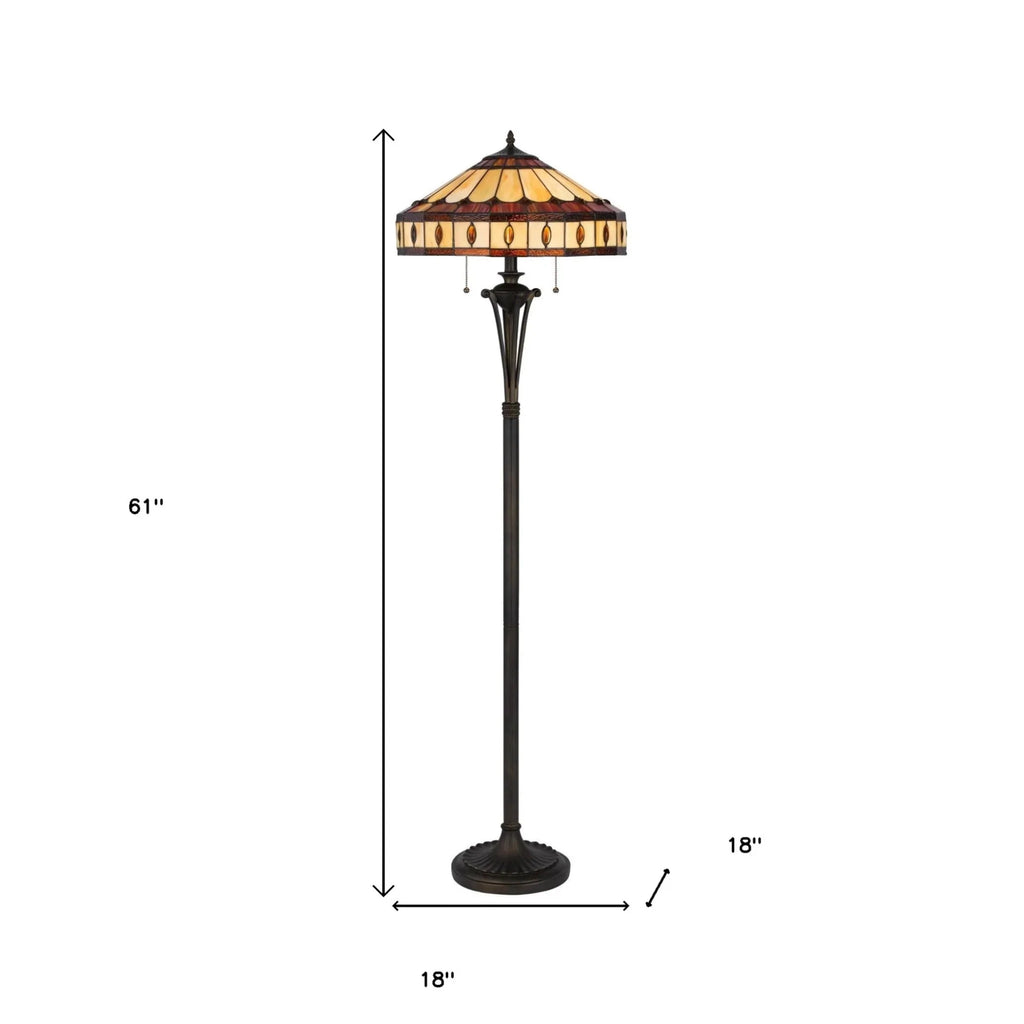 61" Bronze Two Light Traditional Shaped Floor Lamp With Purple and Ivory Abstract Tiffany Glass Empire Shade - Nobiliving