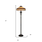 61" Bronze Two Light Traditional Shaped Floor Lamp With Purple and Ivory Abstract Tiffany Glass Empire Shade - Nobiliving