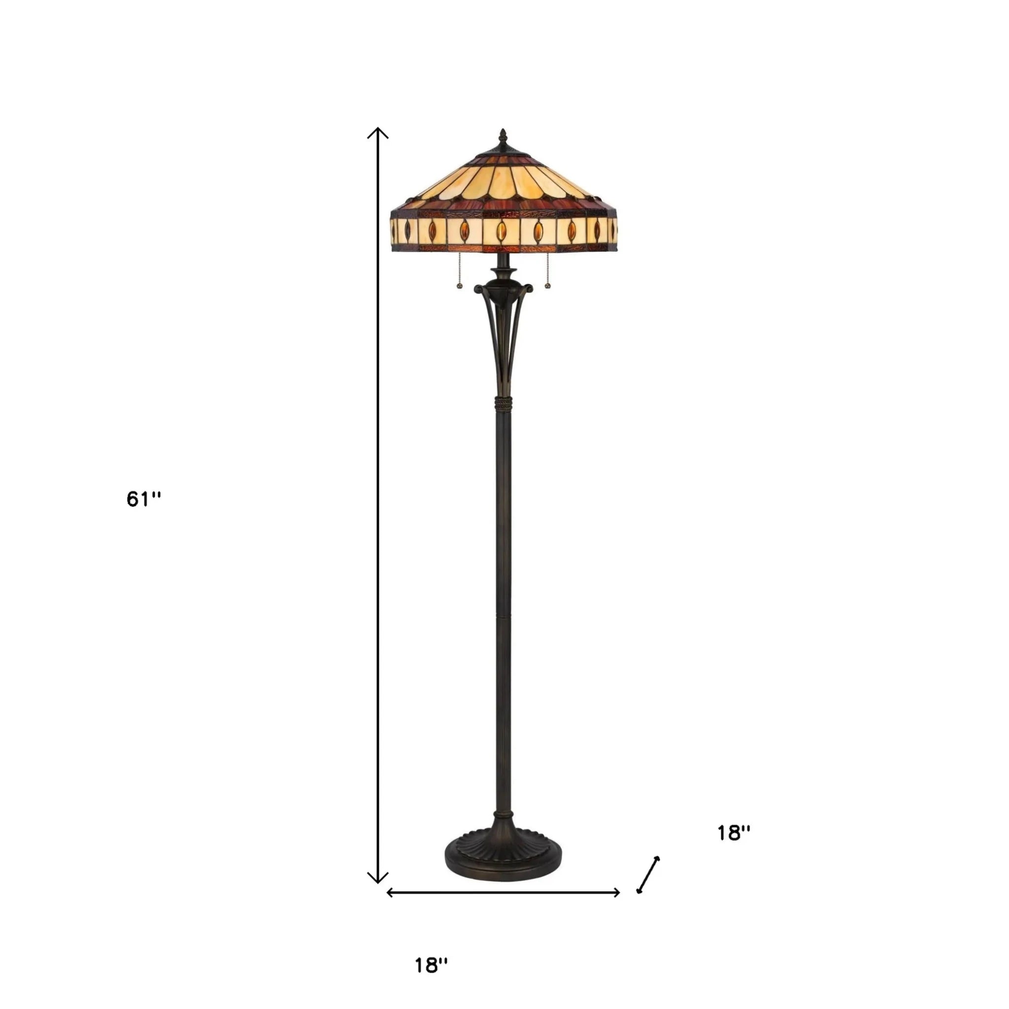 61" Bronze Two Light Traditional Shaped Floor Lamp With Purple and Ivory Abstract Tiffany Glass Empire Shade - Nobiliving