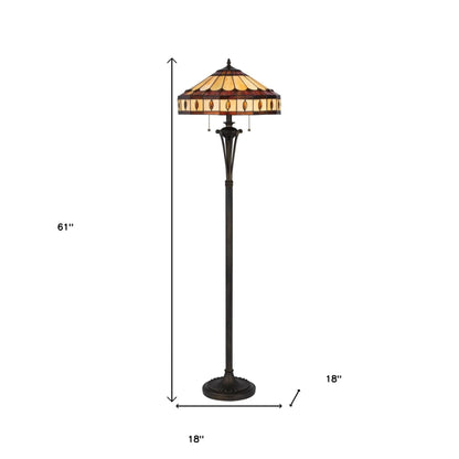 61" Bronze Two Light Traditional Shaped Floor Lamp With Purple and Ivory Abstract Tiffany Glass Empire Shade - Nobiliving