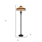 61" Bronze Two Light Traditional Shaped Floor Lamp with Purple & Ivory Abstract Tiffany Glass Shade