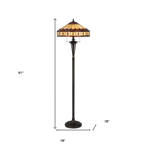 61" Bronze Two Light Traditional Shaped Floor Lamp with Purple & Ivory Abstract Tiffany Glass Shade