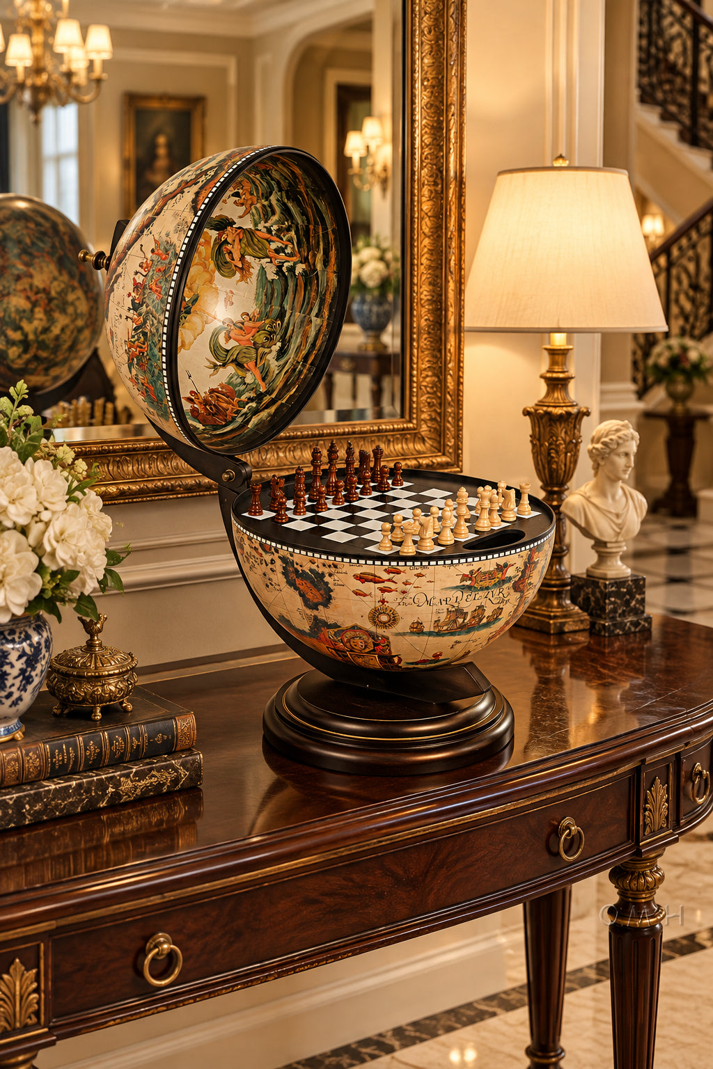 White Globe with Chess Holder- 13"