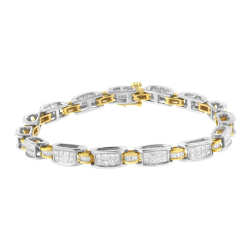 14K Two-Tone Gold 3.00 cttw Princess and Baguette-Cut Diamond Link Bracelet