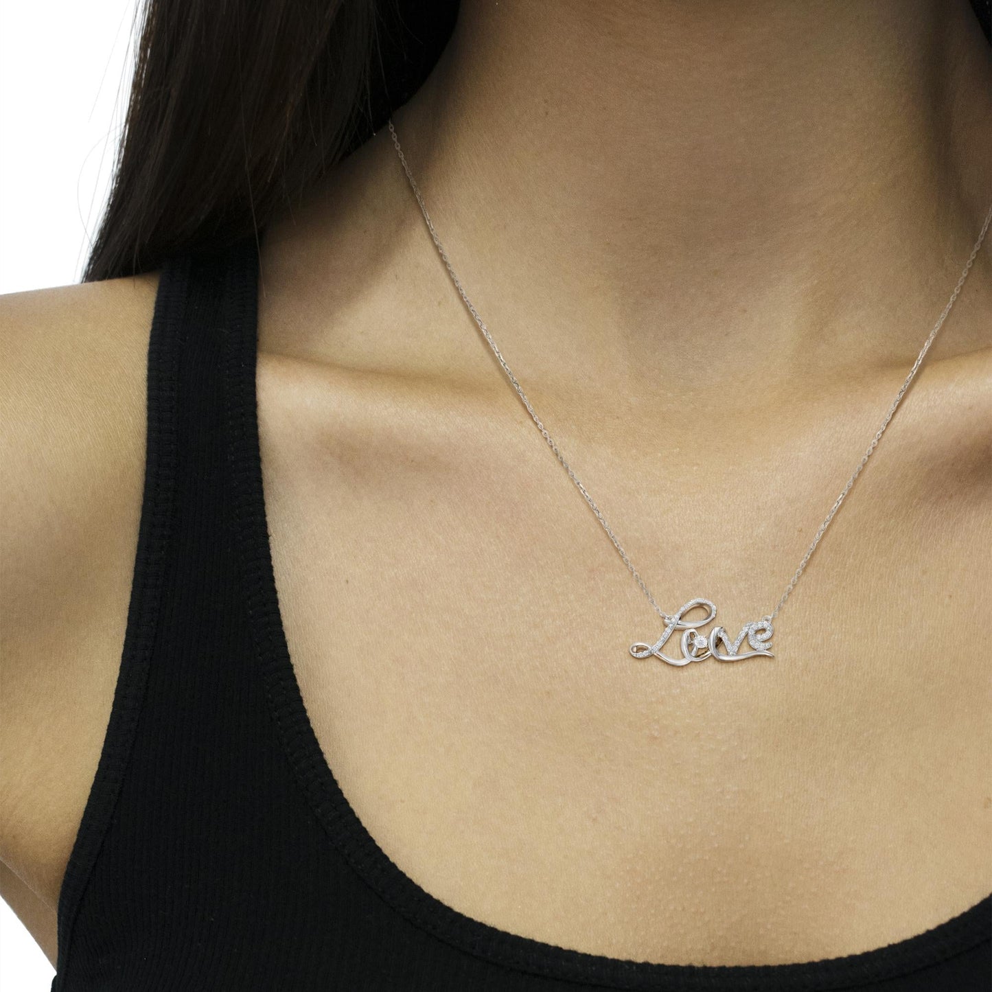 .925 Sterling Silver 1/4 Cttw Diamond Cursive "Love" 18" Pendant Necklace