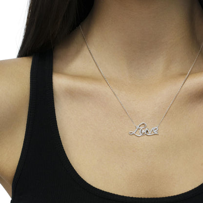 .925 Sterling Silver 1/4 Cttw Diamond Cursive "Love" 18" Pendant Necklace