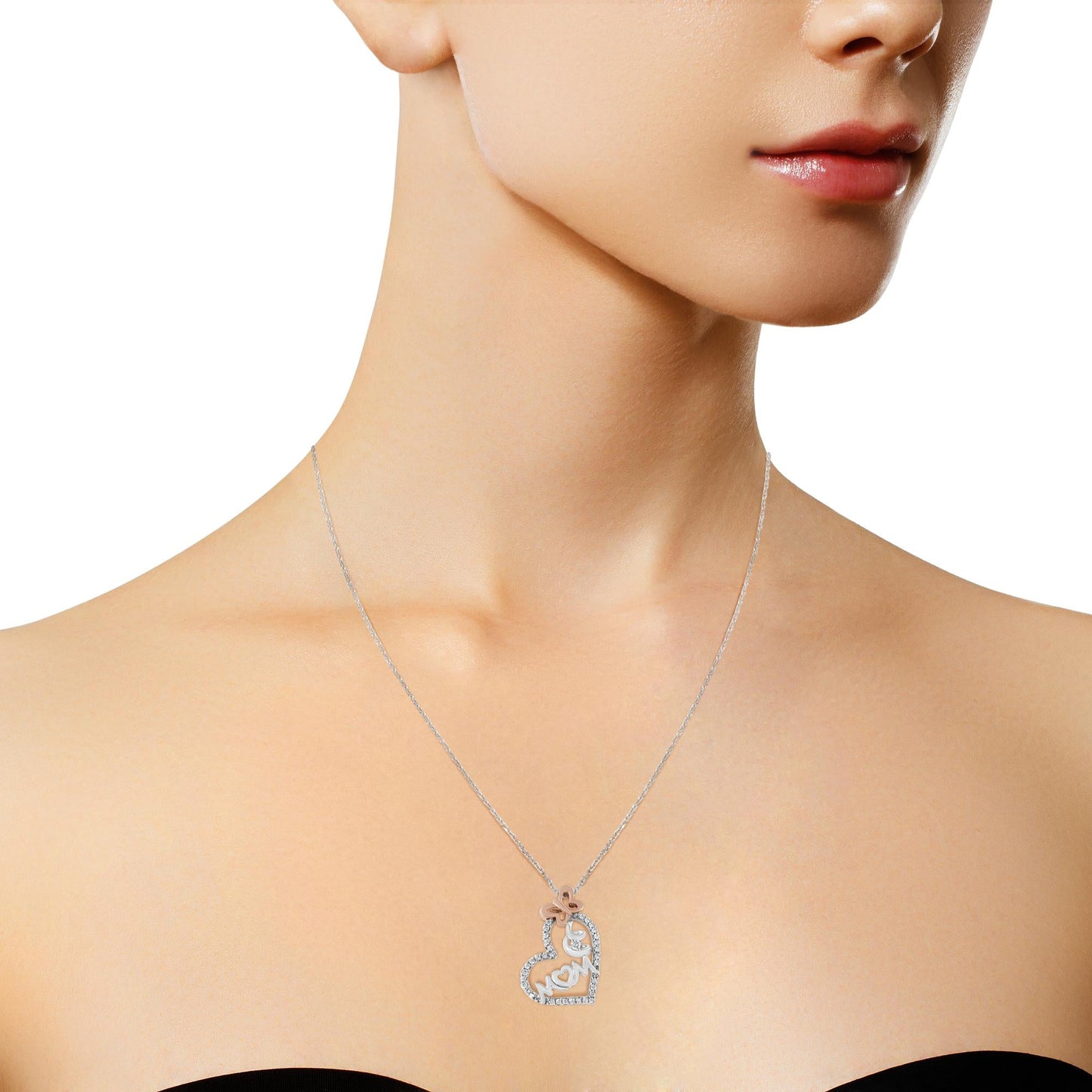 Two Tone .925 Sterling Silver 1/5 cttw Diamond "Mom" and Heart Pendant Necklace