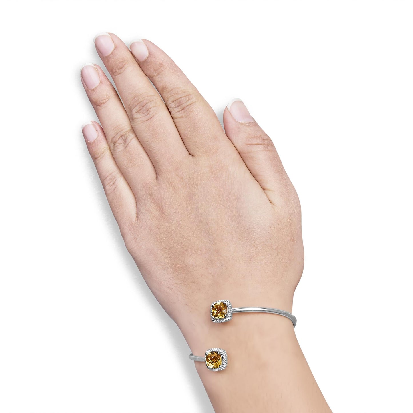 .925 Sterling Silver 8mm Yellow Citrine Gemstone and Diamond Accent Bangle Bracelet