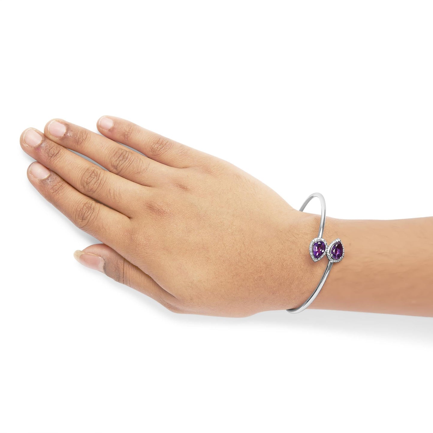 .925 Sterling Silver 8 x 5.5mm Pear Shape Amethyst and Diamond Accent Bangle Bracelet