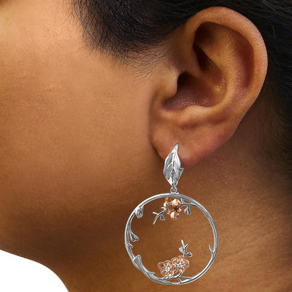 Rose Gold Plated .925 Sterling Silver 1/10 Cttw Diamond Floral Hoop Earrings