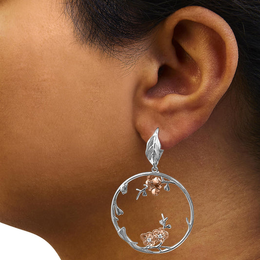 Rose Gold Plated .925 Sterling Silver 1/10 Cttw Diamond Floral Hoop Earrings