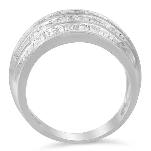 925 Sterling Silver 1.0 Cttw Baguette-Cut Diamond 6-Row Channel Set Domed Tapered Cocktail Ring