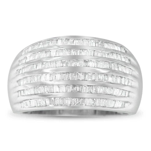 925 Sterling Silver 1.0 Cttw Baguette-Cut Diamond 6-Row Channel Set Domed Tapered Cocktail Ring
