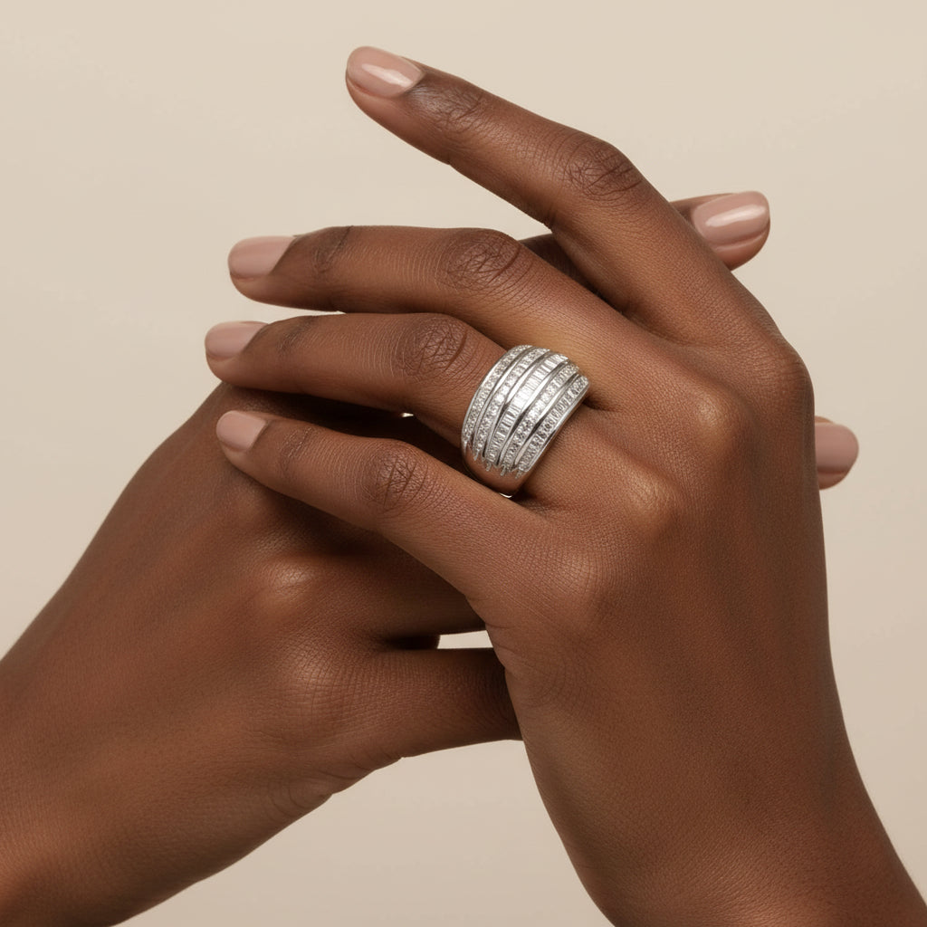 .925 Sterling Silver 1.0 Cttw Baguette - Cut Diamond 6 - Row Channel Set Domed Tapered Cocktail Fashion Ring - Nobiliving
