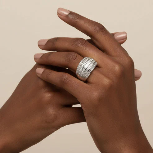 925 Sterling Silver 1.0 Cttw Baguette-Cut Diamond 6-Row Channel Set Domed Tapered Cocktail Ring