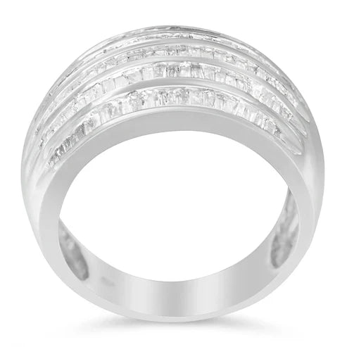 925 Sterling Silver 1.0 Cttw Baguette-Cut Diamond 6-Row Channel Set Domed Tapered Cocktail Ring
