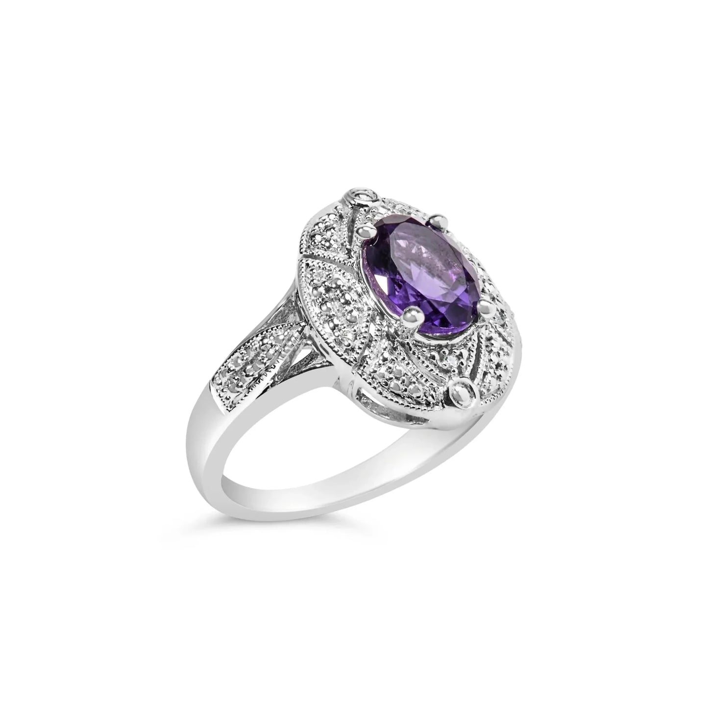 .925 Sterling Silver 9x7mm Oval Purple Amethyst and Round Diamond Accent Fashion Cocktail Ring - Nobiliving