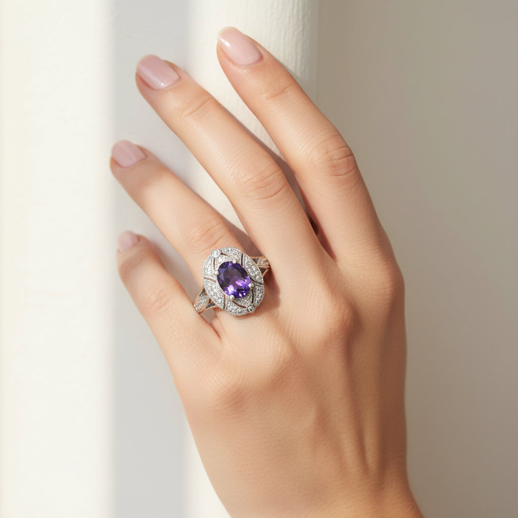 .925 Sterling Silver 9x7mm Oval Purple Amethyst and Round Diamond Accent Fashion Cocktail Ring - Nobiliving