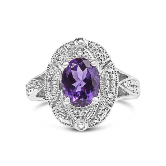 .925 Sterling Silver 9x7mm Oval Purple Amethyst and Round Diamond Accent Fashion Cocktail Ring - Nobiliving