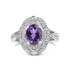 .925 Sterling Silver 9x7mm Oval Purple Amethyst and Round Diamond Accent Fashion Cocktail Ring - Nobiliving