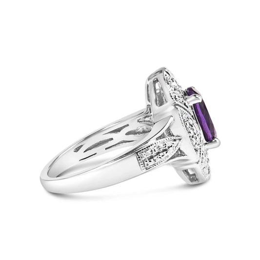 .925 Sterling Silver 9x7mm Oval Purple Amethyst and Round Diamond Accent Fashion Cocktail Ring - Nobiliving