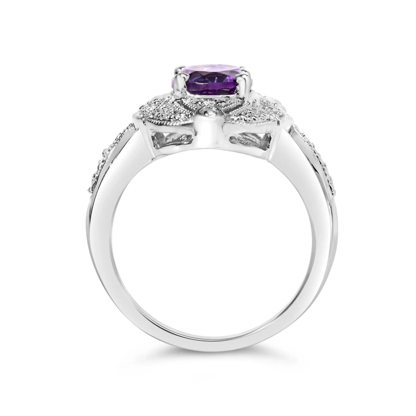 .925 Sterling Silver 9x7mm Oval Purple Amethyst and Round Diamond Accent Fashion Cocktail Ring - Nobiliving