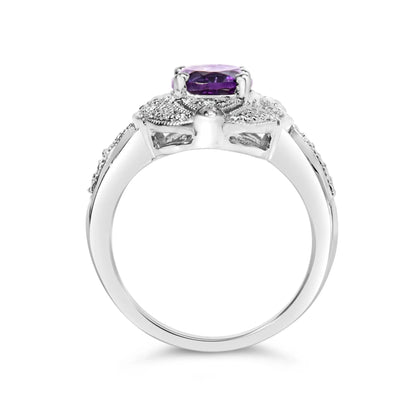 .925 Sterling Silver 9x7mm Oval Purple Amethyst and Round Diamond Accent Fashion Cocktail Ring - Nobiliving