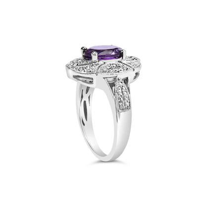 .925 Sterling Silver 9x7mm Oval Purple Amethyst and Round Diamond Accent Fashion Cocktail Ring - Nobiliving