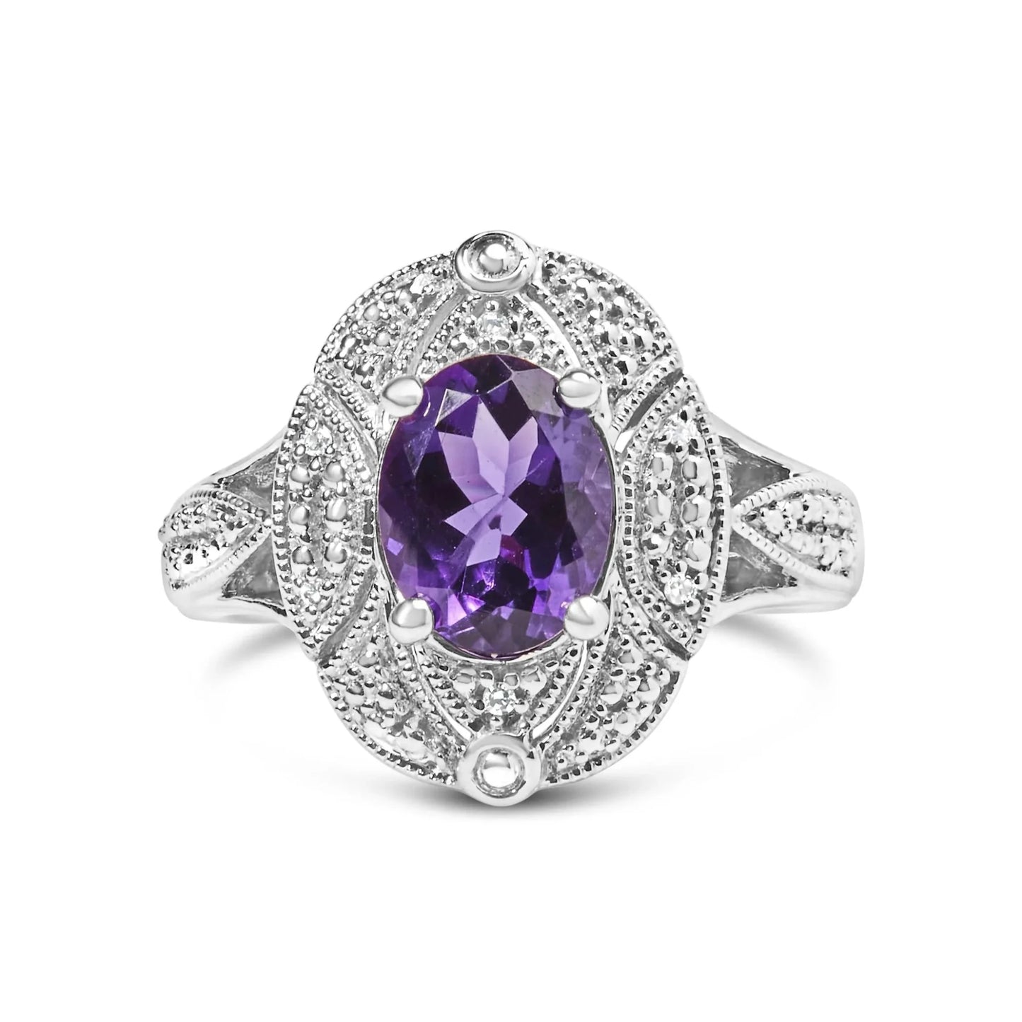 .925 Sterling Silver 9x7mm Oval Purple Amethyst and Round Diamond Accent Fashion Cocktail Ring - Nobiliving