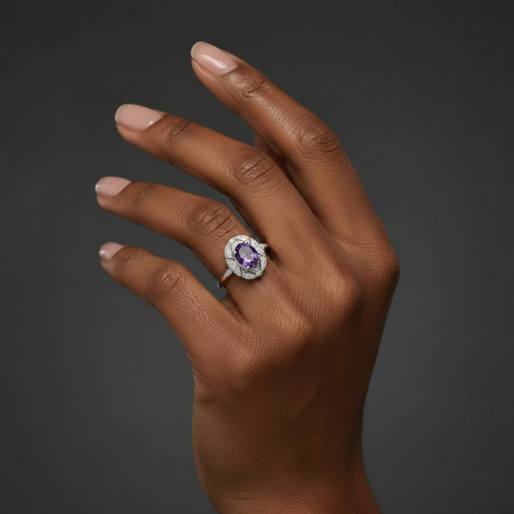 .925 Sterling Silver 9x7mm Oval Purple Amethyst and Round Diamond Accent Fashion Cocktail Ring - Nobiliving