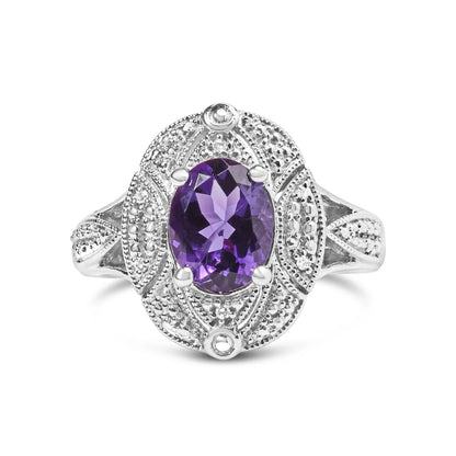 .925 Sterling Silver 9x7mm Oval Purple Amethyst and Round Diamond Accent Fashion Cocktail Ring - Nobiliving