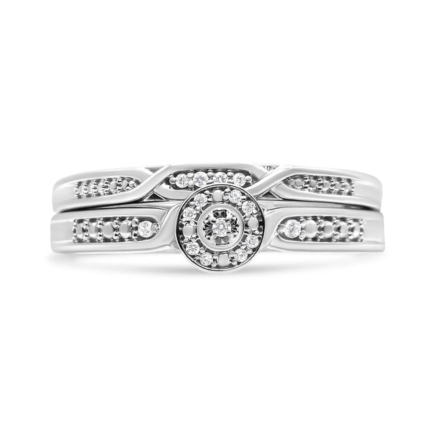 .925 Sterling Silver Diamond Accent Frame Twist Shank Bridal Set Ring and Band (I - J Color, I3 Clarity) - Nobiliving