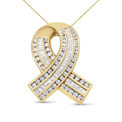 14K Yellow Gold 2 5/8 cttw Channel Set White Diamond Awareness Ribbon Pendant Necklace - NO CHAIN
