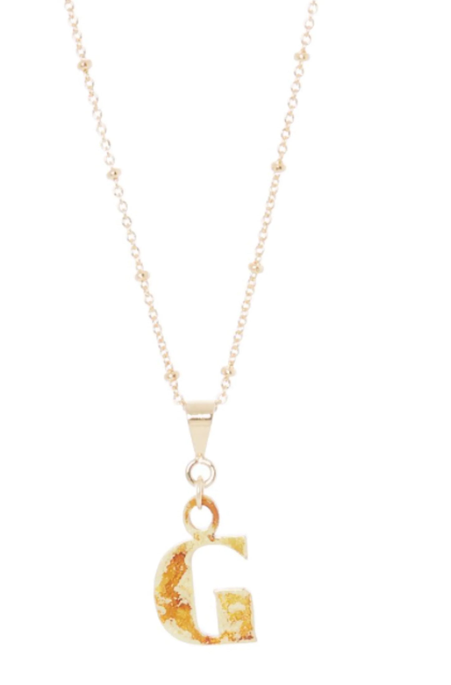 14K Gold Plated Letter Charm Necklace featuring a gold 'G' charm on a delicate chain.